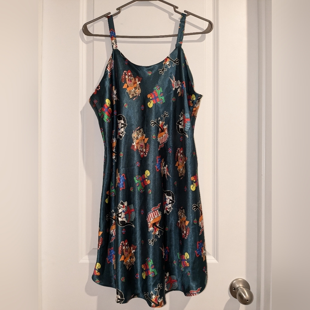 Vintage Looney Tunes Graphic 1997 Holiday Print Green Slip Dress Size Large